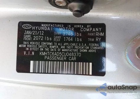 2012 Hyundai Veloster Base W/Black из США, поврежденный, VIN KMHTC6AD5CU048370